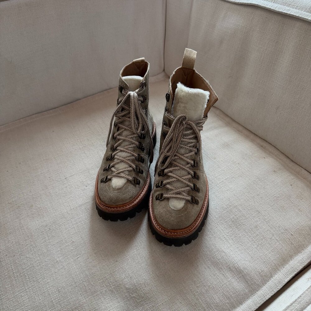 Greige Suede Lace-Up Hiker Boots • Chunky Lug Sole • “G” Insole